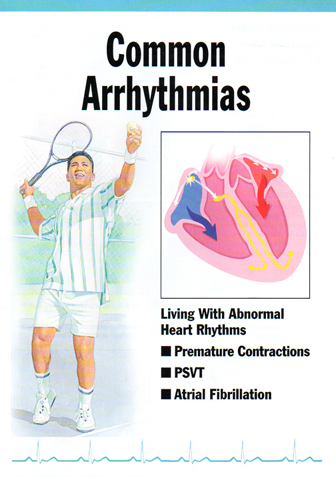 A tennis player in a striped shirt serving, beside a cutaway heart diagram with colored arrows showing electrical paths.