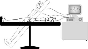 Educational illustration of a patient on a tilt table with monitoring