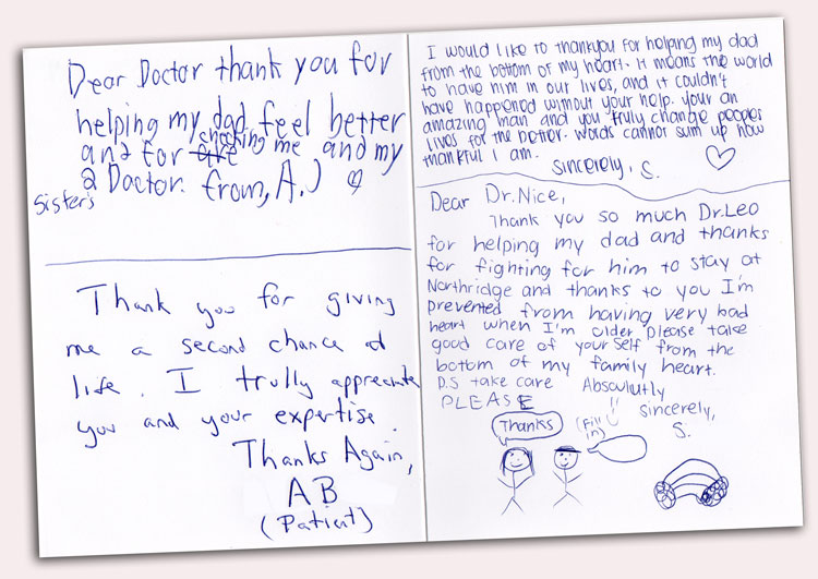 Photograph of handwritten thank-you notes to Dr. Polosajian from the original Cardiac Rhythm Specialists website