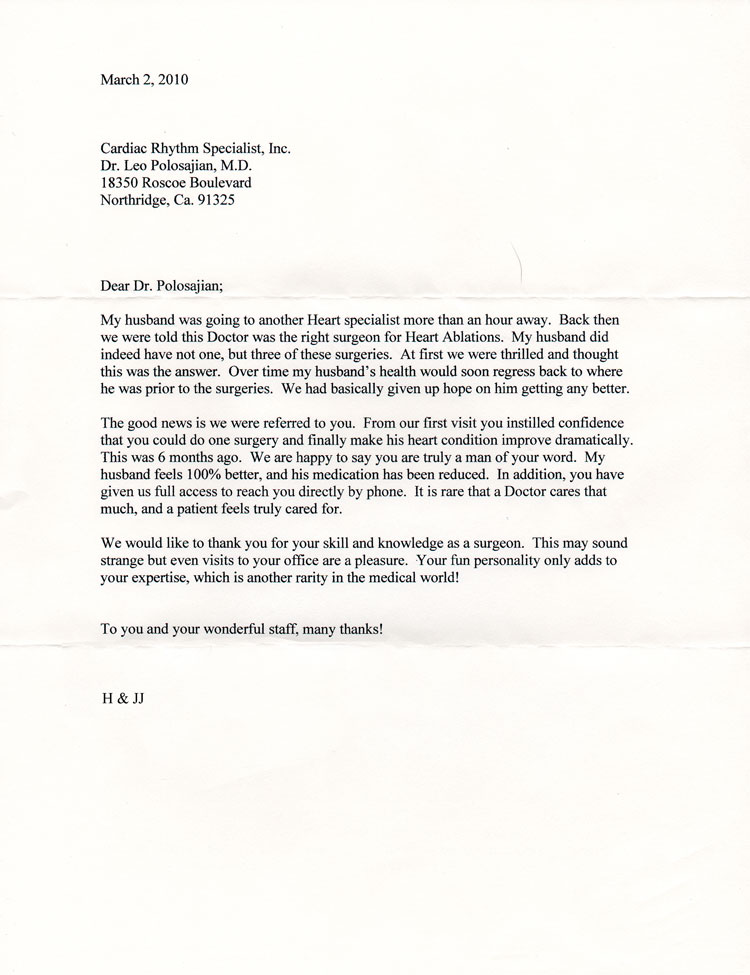 Scan of a March 2, 2010 thank-you letter to Dr. Polosajian from the original Cardiac Rhythm Specialists website